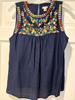 J. Crew Navy Sleeveless Embroidered Yoke Camisole